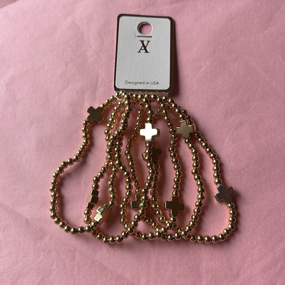 🏝️Gold Beaded 5 STRAND Bracelet Set with Cross Charms🏝️